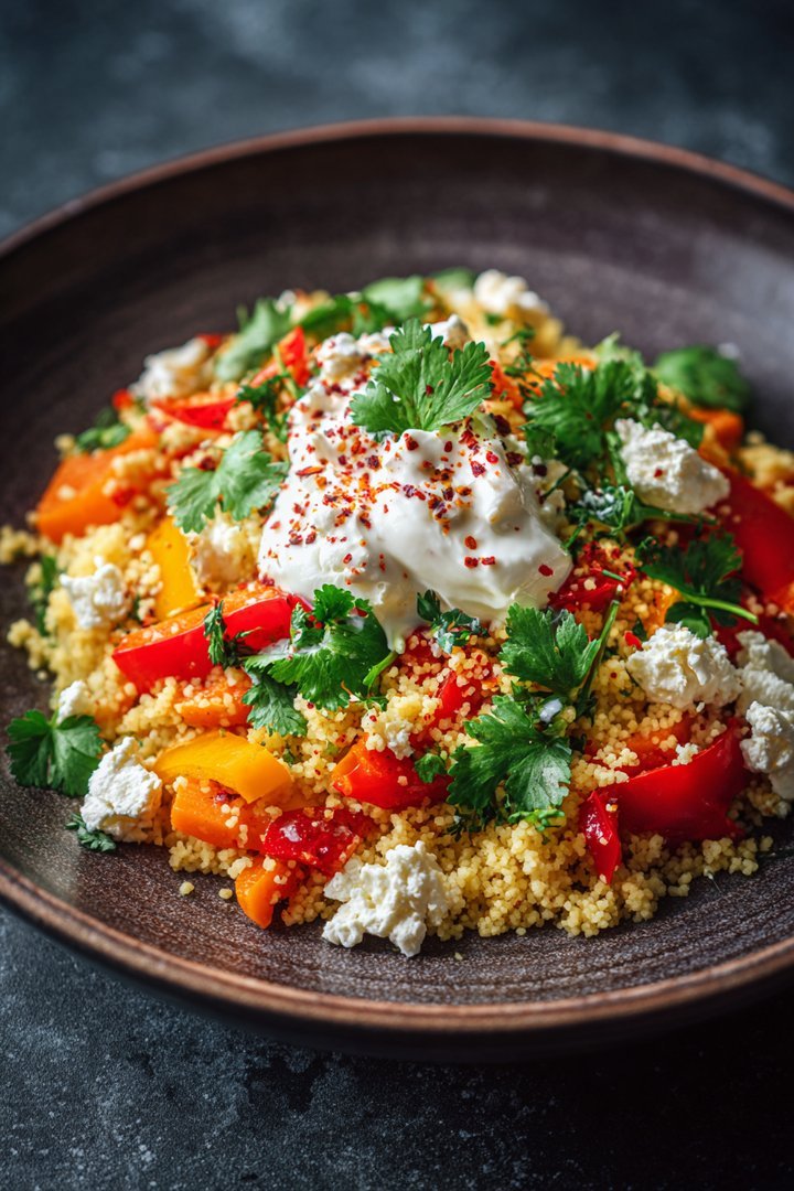 Bunte Couscous-Gemüse-Pfanne mit Hirtenkäse, Frühlingszwiebel-Joghurt und Paprika image 2