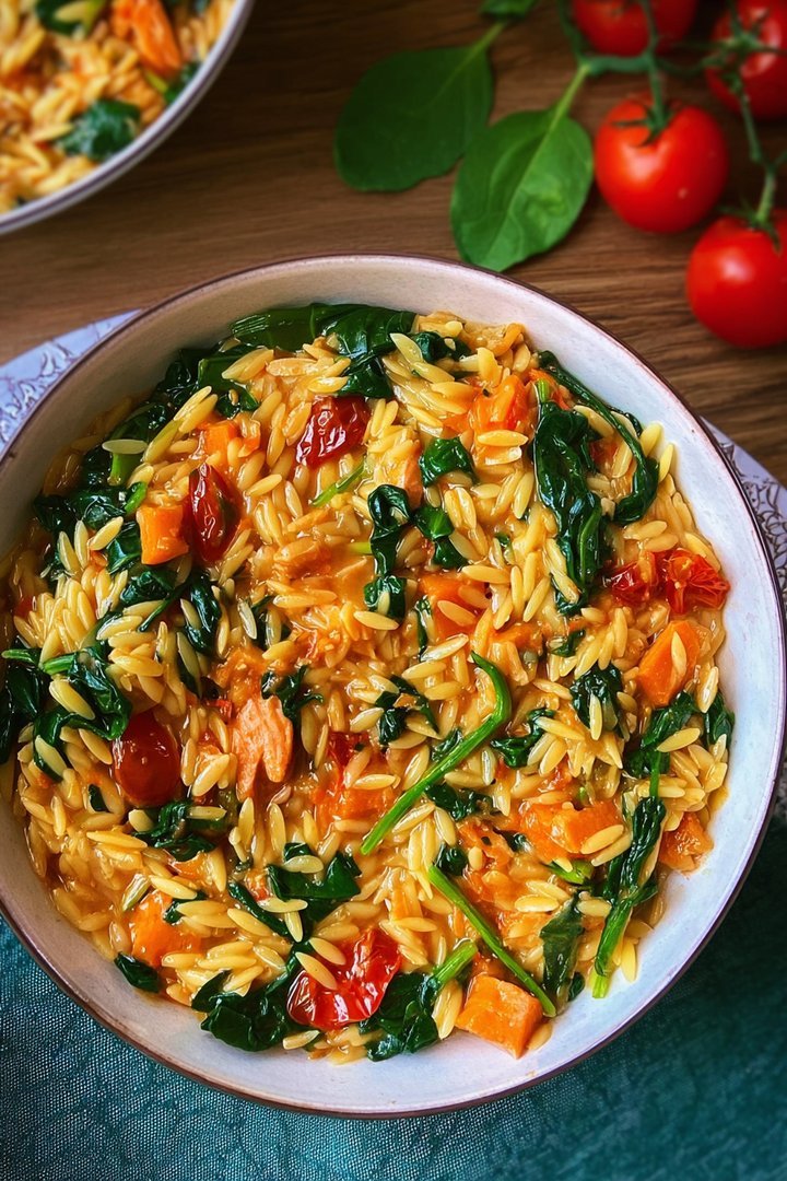 Orzo Pasta Eintopf mit Blattspinat (Rezept mit Reisnudeln) image 2