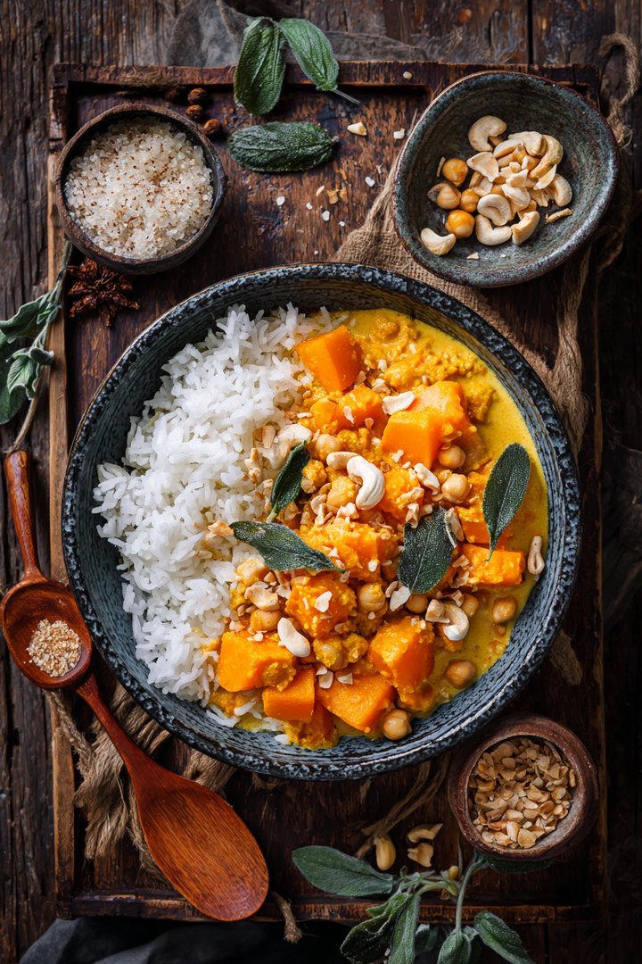 Veganes Kurbis-Curry mit geröstetem Kurbis und knusprigen Kichererbsen image 2