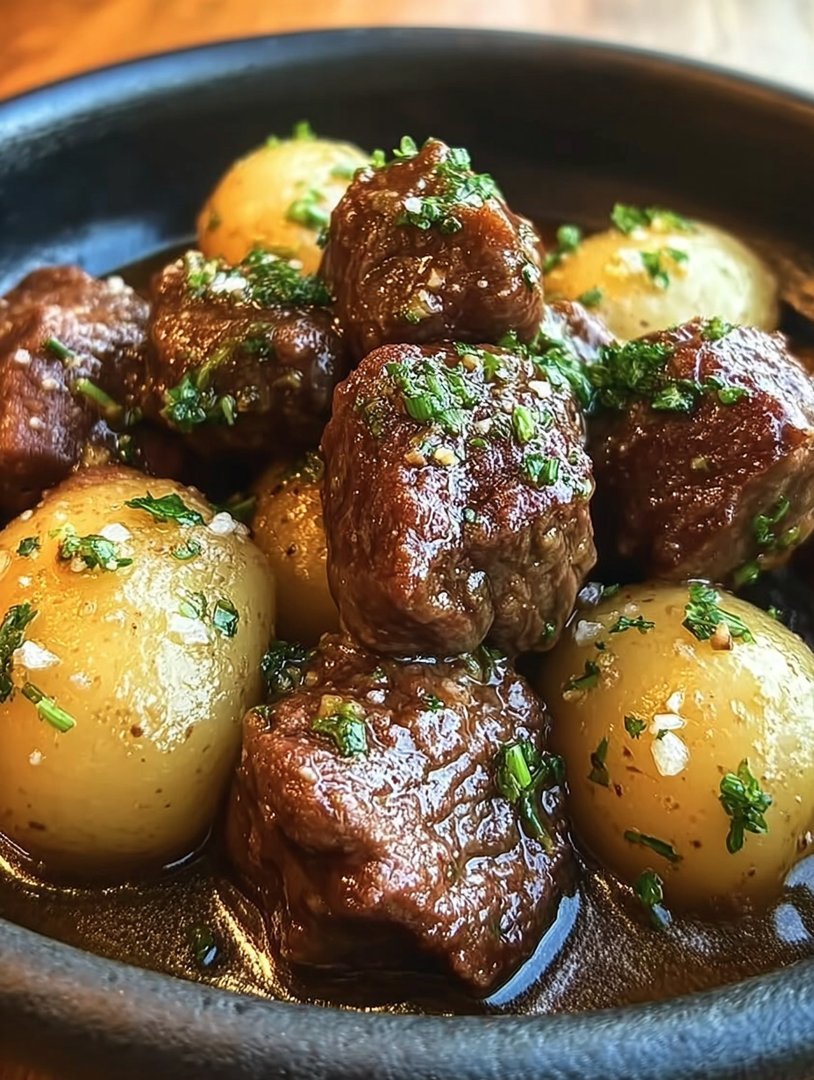 Rindfleischwürfel mit Knoblauchbutter und Kartoffeln image 2