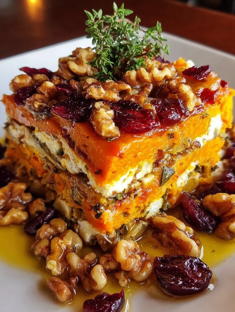 Geschichtete Lasagne aus Süßkartoffeln, Butternusskürbis und Karotten mit Feta, Walnüssen und Cranberry-Honig-Glasur image 2