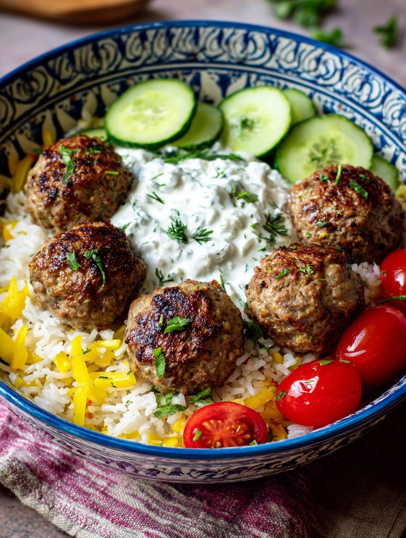 Griechische Fleischbällchen-Bowl mit Tzatziki, Reis und frischem Gemüse image 2