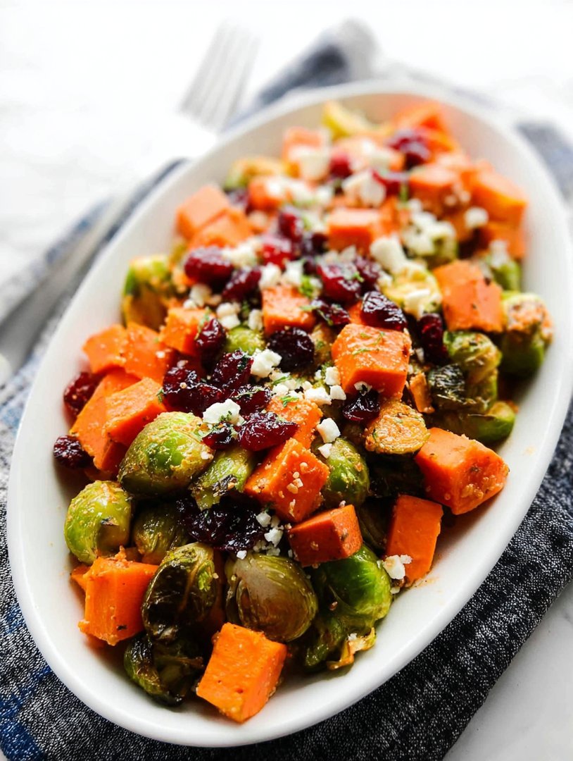 Salat aus geröstetem Butternusskürbis, Rosenkohl und Süßkartoffeln mit Cranberry-Glasur image 2